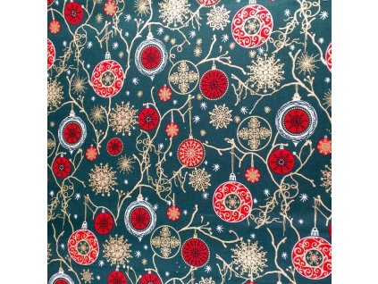 Zelená bavlna s vánočními ozdobami