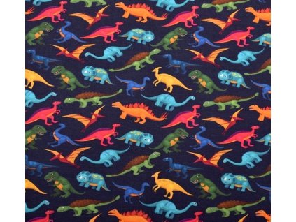 Bavlněný úplet French Terry, dinosauři,tm.modrá