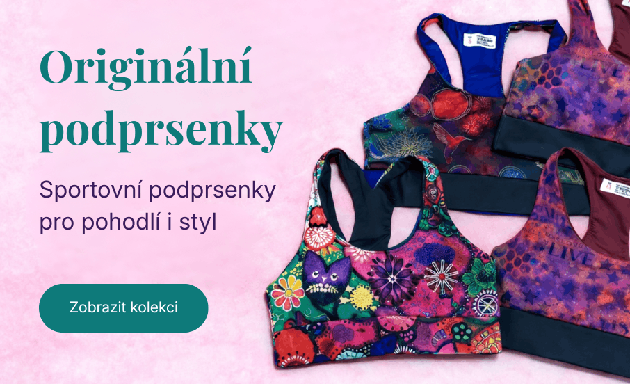 Barevné sportovní podprsenky Laufernice s originálními uměleckými motivy položené na světlém růžovém pozadí. Každá podprsenka má jedinečný design inspirovaný ilustracemi, květinami a abstraktními vzory. Pohodlný střih a kvalitní materiál jsou vhodné pro s