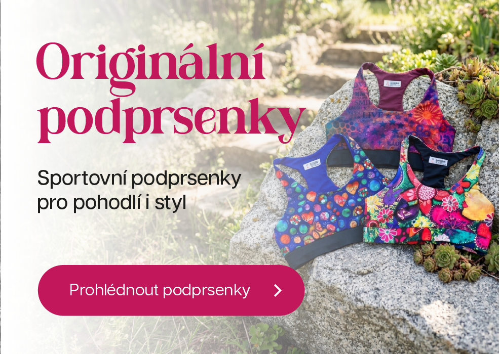 Barevné sportovní podprsenky Laufernice s originálními uměleckými motivy položené na světlém růžovém pozadí. Každá podprsenka má jedinečný design inspirovaný ilustracemi, květinami a abstraktními vzory. Pohodlný střih a kvalitní materiál jsou vhodné pro s