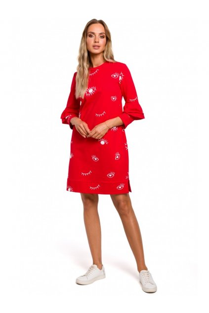 Potištěné áčkové šaty s nařasenými rukávy