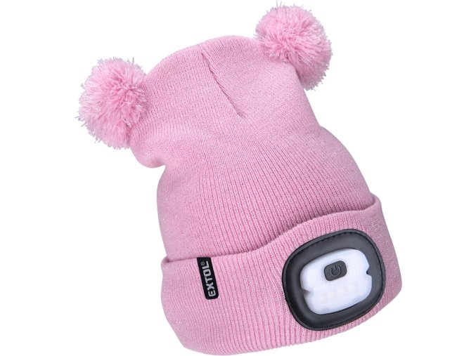 dětska čepice s čelovkou 4x25lm, USB nabíjení, růžová se třpytkou a bambulemi, 70% acryl a 30% polyester