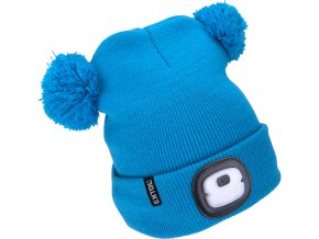 dětska čepice s čelovkou 4x25lm, USB nabíjení, modrá s bambulemi,