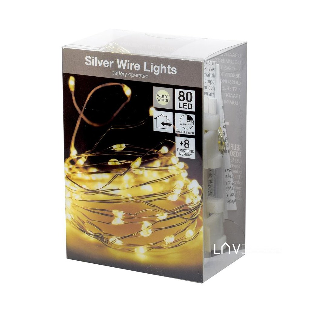 vianočné LED Svetielka strieborný drôtik tepla biela 80Led WW na baterky vonkajšie IP44 s časovacom