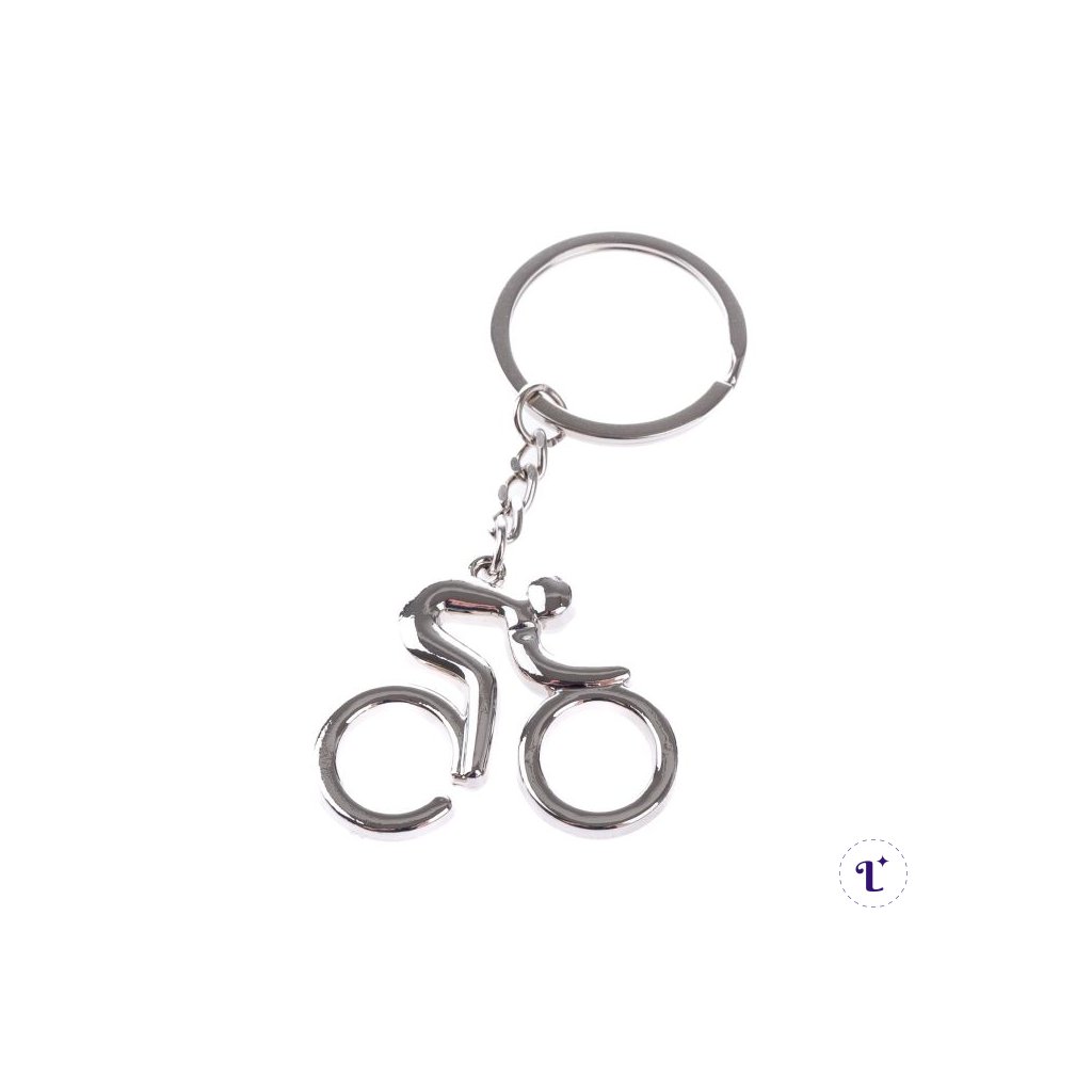 Kovový prívesok na kľúče - strieborný cyklista 4 x 3,5 cm