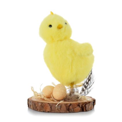 VELKONOČNÁ DEKORÁCIA KURIATKO ŽLTÉ NA DREVENOM PLÁTE S VAJÍČKAMI A PIERKOM 12CM
