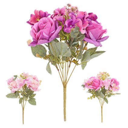 KYTICA RUŽA, HORTENZIA x7 38CM RUŽOVÝ MIX/3F