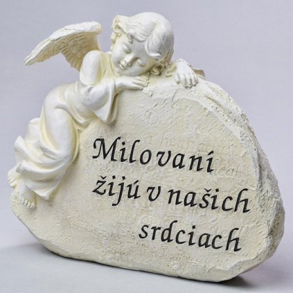 NÁHROBOK S ANJELOM S NÁPISOM MILOVANÍ ŽIJÚ V NAŠICH SRDCIACH ECRU POLYRESIN 21,5x8,7x18,5CM