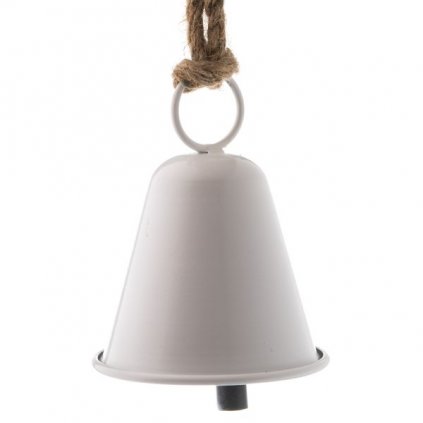 zvonček plechový na zavesenie biely s jutovou šnúrkou 9,5×20×9,5cm