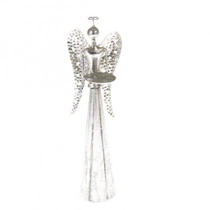 Kovový anjel so svietnikom - strieborný 9,5x30x7,5 cm
