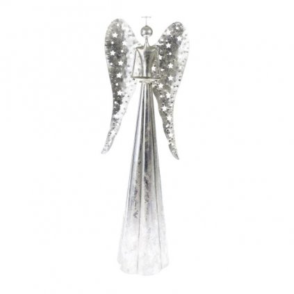 Kovový anjel so svietnikom - strieborný 23x70x16 cm