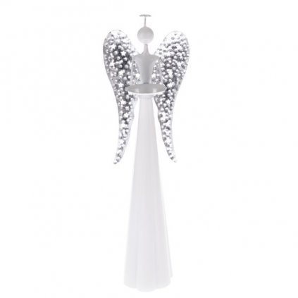 Kovový anjel so svietnikom - biely 9,5x30x7,5 cm