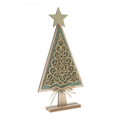 Drevený vianočný stromček zelený  so zlatými doplnkami 11x23x4 cm