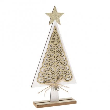 Drevený vianočný stromček so zlatými doplnkami 15x30x4 cm