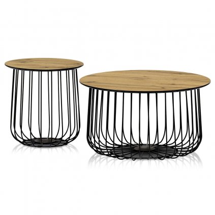 Set 2 ks stolíkov -  doska MDF, 3D dekor divoký dub, kovová čierna drôtená podnož pr.60 x 33 cm, pr.37 x 37 cm