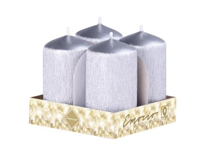 Emocio Adventszylinder, 4 Stück, 40 x 75 cm, silberfarbene Kerzen mit Kratzern