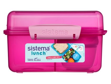 Sistema Lunch Cube Max Divided Snack Box with Yogurt Container with Double Lid 2 L, Pink