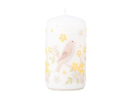Cylinder candle with bird applique, 60x110 mm
