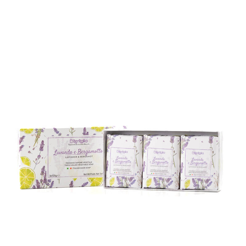 ITERITALIA Dárkový set rostlinných mýdel - Levandule a bergamot, 3x125 g