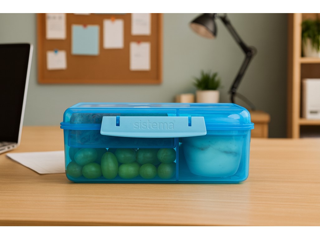 Sistema Dělený svačinový box Lunch Bento s nádobou na jogurt a 2 tácky 1,65 l, modrá