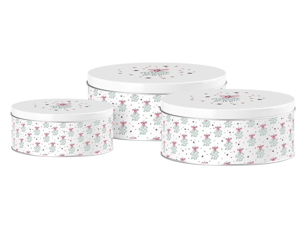 Plechová kulatá dóza MISTLETOE MAGIC, bílá, set 3 ks, 200x90/185x80/140x65mm