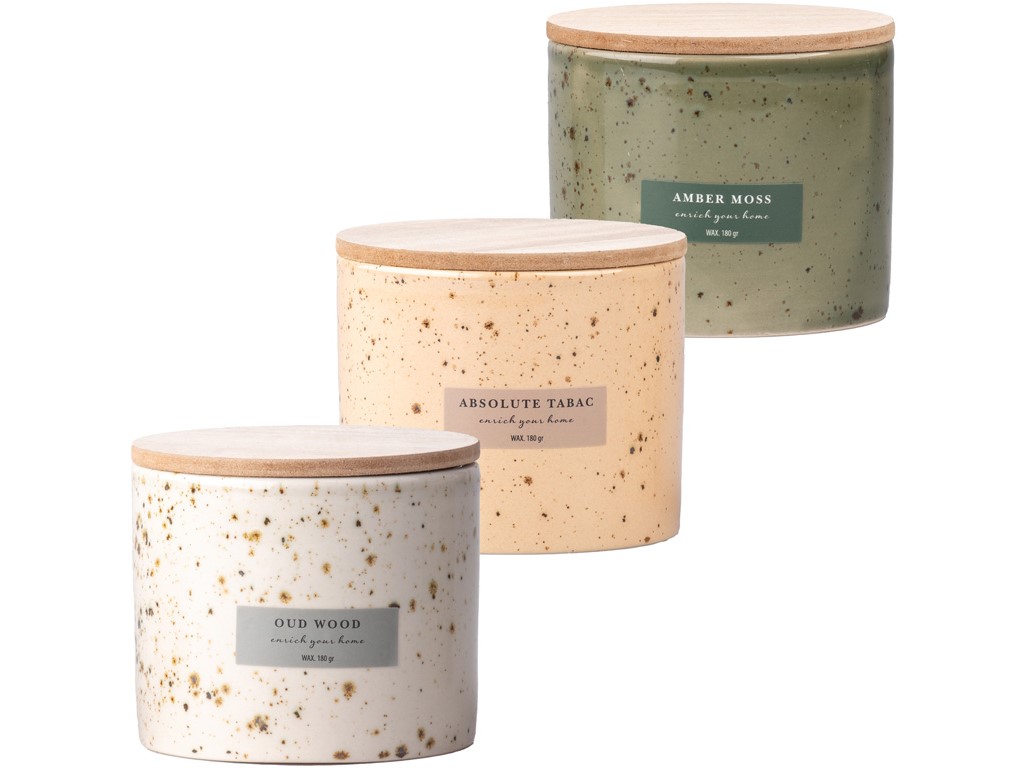 Svíčka v keramice vonná s dřevěným víčkem mix barev 110x80mm