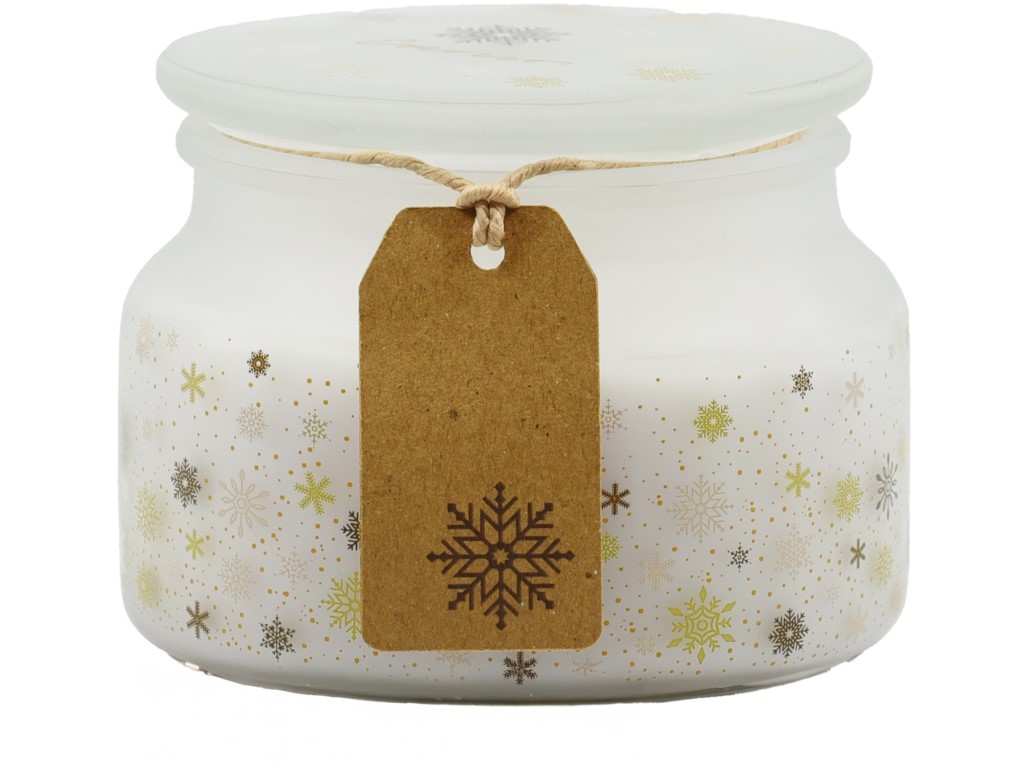 Emocio Vonná svíčka ve skle Magic Snowing 100x79 mm se skleněným víčkem – bílo-zlatá