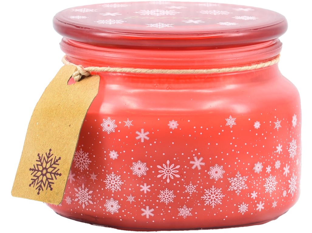 Emocio Vonná svíčka ve skle Magic Snowing 100×79 mm se skleněným víčkem – červeno-bílá