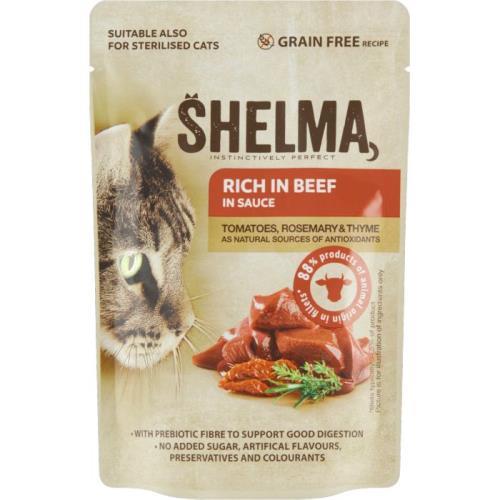 SHELMA Cat hovězí s rajčaty v omáčce, kapsa 85 g