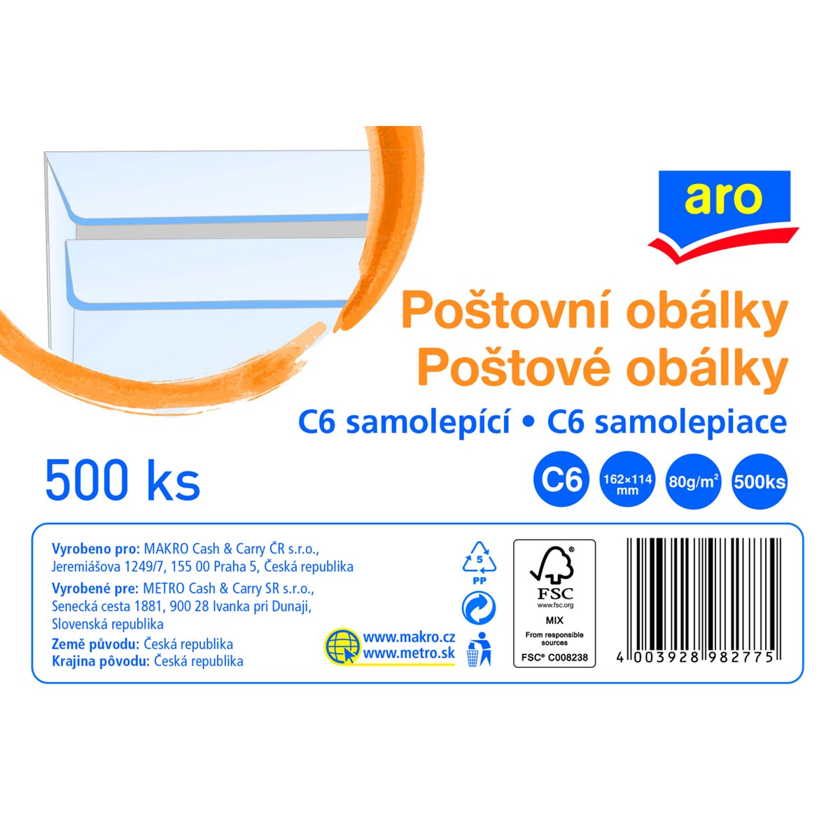 aro Obálka C6 samolepicí bílá 500 ks