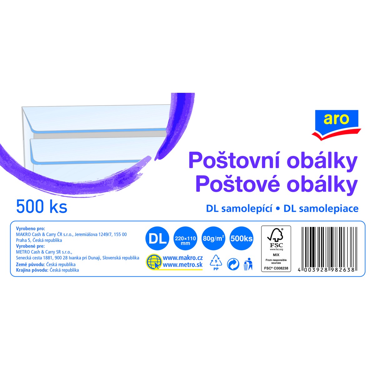 aro Obálka DL samolepicí bílá 500 ks