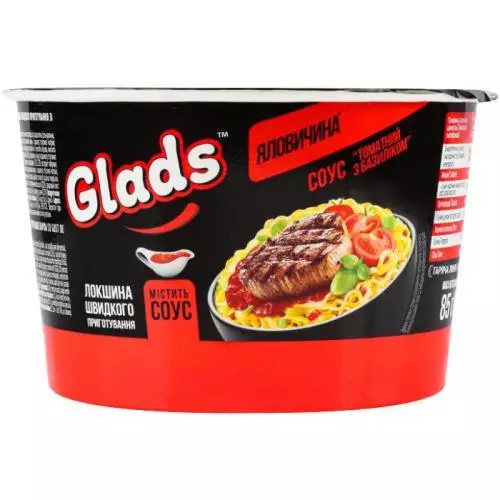 GLADS instantní nudle v misce s hovězí přích. a rajčatovo-bazalkovou omáčkou 85g