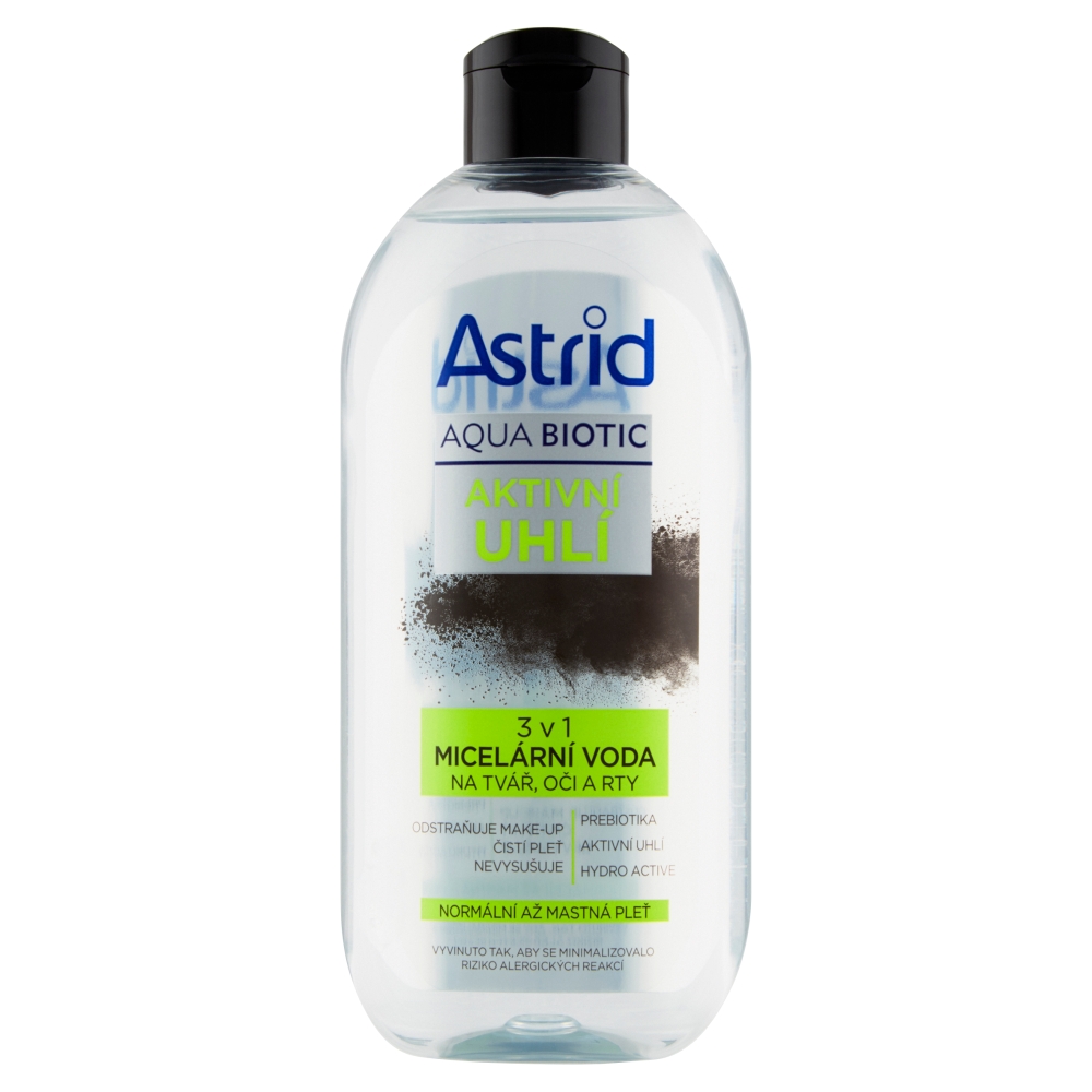 ASTRID AQUA BIOTIC aktivní uhlí micelární voda 3v1, normální až mastná pleť, 400 ml