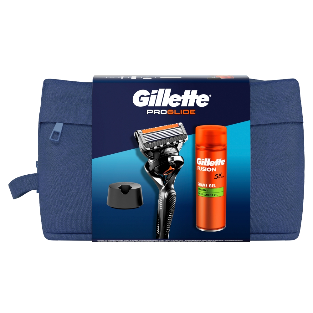 Gillette Cestovní sada ProGlide holicí strojek  Fusion gel na holení 200 ml  stojan
