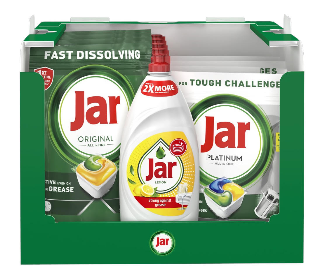 Karton JAR mix (Tablety do myčky 4x46ks, Tablety do myčky Platinum 4x35ks, Lemon 5x900ml)