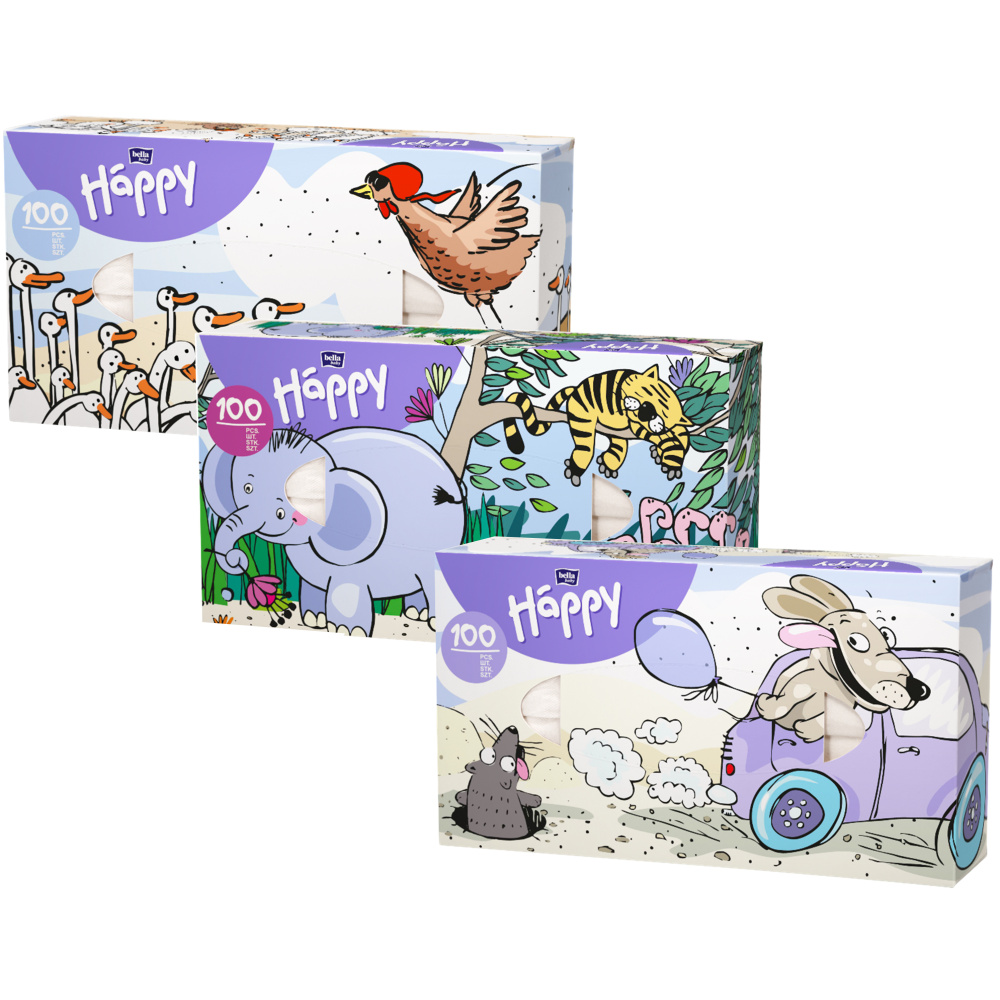 Bella HAPPY kapesníky Mix 100 ks (Slon, Pes, Husy)