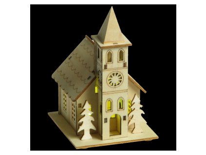 LED-beleuchtete Kirche aus Holz, 9,54 x 8 x 10 cm
