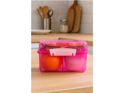 Sistema Lunch Cube Max Snackbox mit Fächern und Joghurtbehälter mit Doppeldeckel, 2 l, Rosa