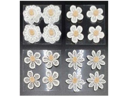 Textildekoration, 4 weiße Blumen mit Kleber, 35 x 35 mm