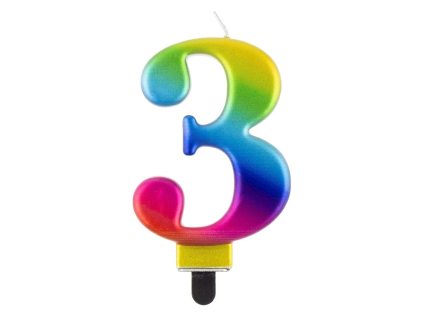 Kerze – Nummer „3“, Regenbogen, 8 cm, 1 Stück