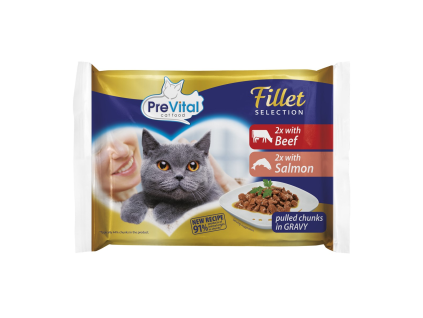 PreVital Naturel Rindfleisch + Lachs Beutel für Katzen 4 x 85 g