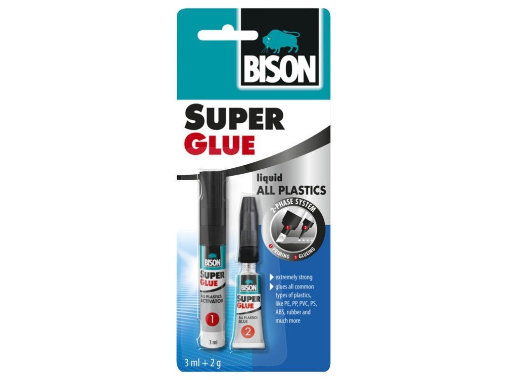 Pegamento para plástico BISON SUPER GLUE Todo tipo de plástico 3 ml + 2 g