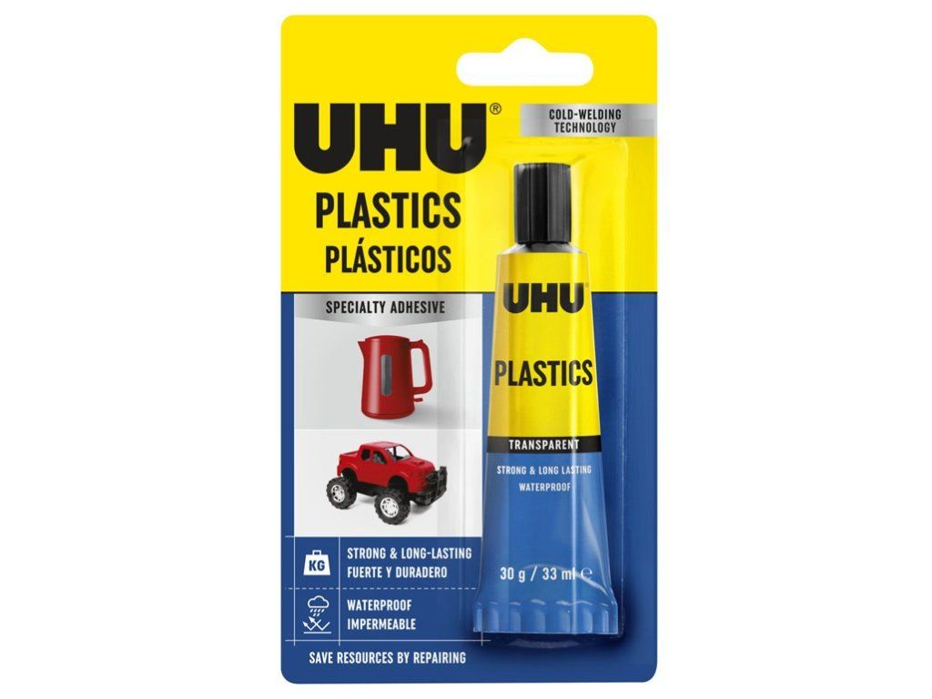 Pegamento UHU para plásticos, apto para todo tipo de plásticos, 33 ml.