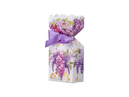 Savon « Passez une bonne journée » à la glycine, violet, 90 g, dans une boîte.