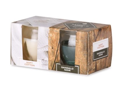 Bougie parfumée Emocio en verre, parfum Coton Doux et Sandalo Noir, 2 pièces par boîte, 65 x 63 mm