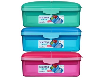 Boîte à goûter compartimentée Sistema Lunch Quaddie 1,5 l avec 3 compartiments à charnière dans le couvercle et une gourde, couleurs assorties