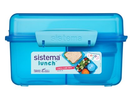 Boîte à goûter compartimentée Sistema Lunch Cube Max avec pot à yaourt et double couvercle, 2 L, bleue