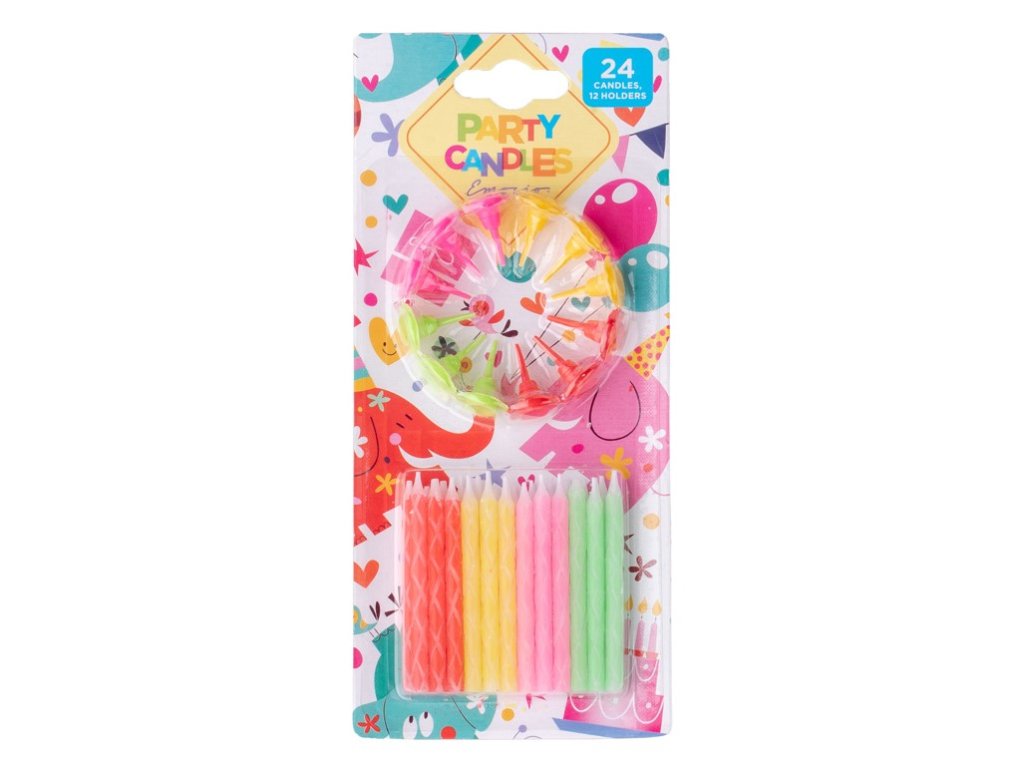 Mix of colored cake candles 24 pcs + spiral candle holders 12 pcs