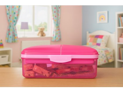 Sistema Lunch Quaddie 1.5 l divided snack box with 3 hinged compartments in the lid and a drinking bottle, pink