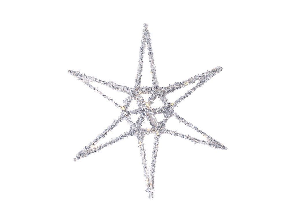 Stella LED da appendere, 300x300 mm, con timer, colore argento.